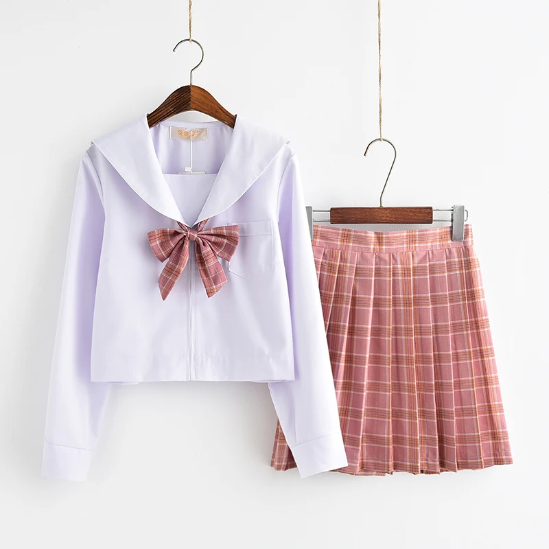 

New Fashion Sailor Costume For School Girl White Cotton Shirt Plaid Skirt Full Set Middle High School Uniforms