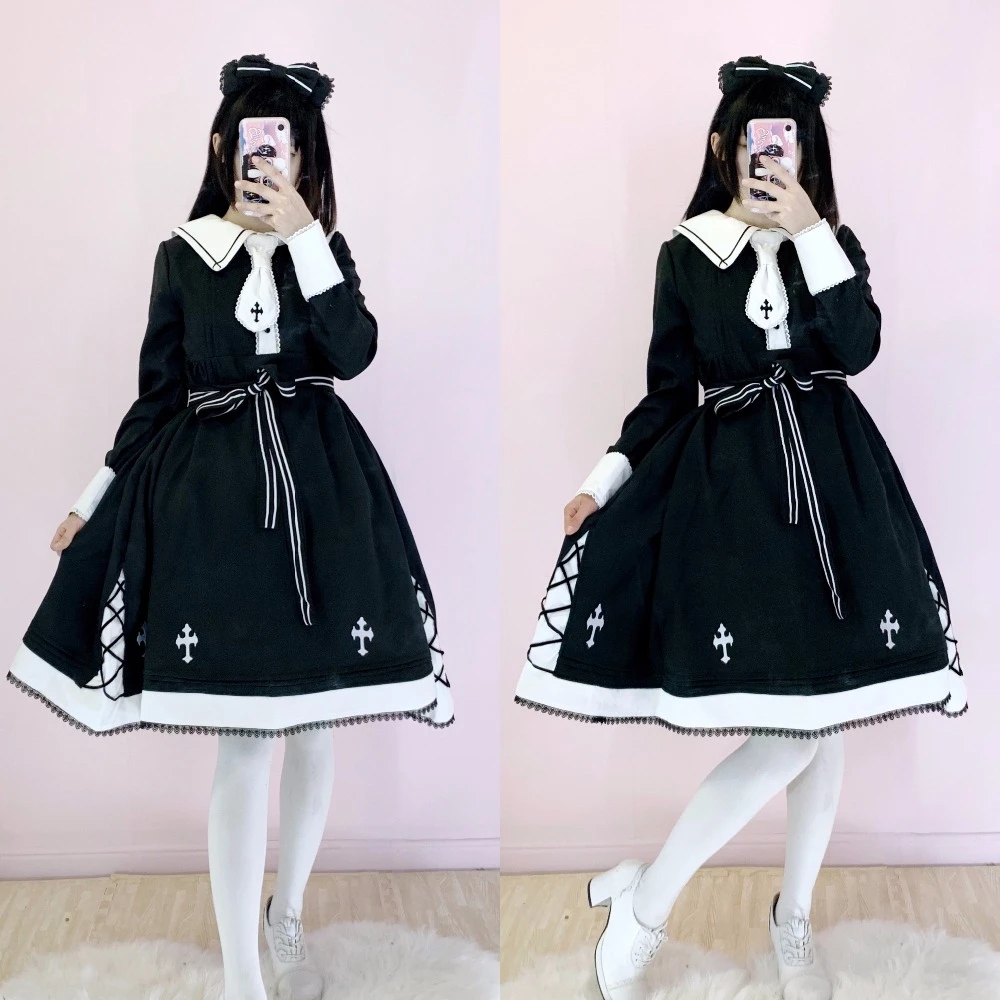 Vestido estilo gótico estilo japonés Lolita estampado de cruces Retro  marinero Collar vendaje chica dura Harajuku Cosplay Color sólido vestidos  primavera|Vestidos| - AliExpress
