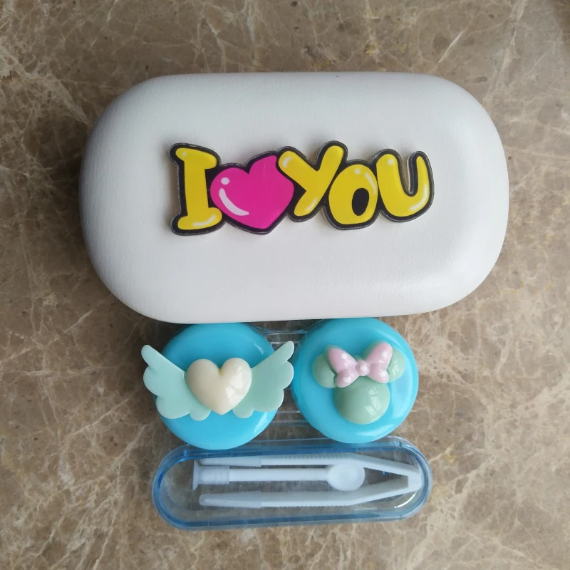 

LIUSVENTINA DIY Resin Cute Green Flying Love Bowknot I LOVE U Handmade Contact Lens Case Box Container for Color Lenses