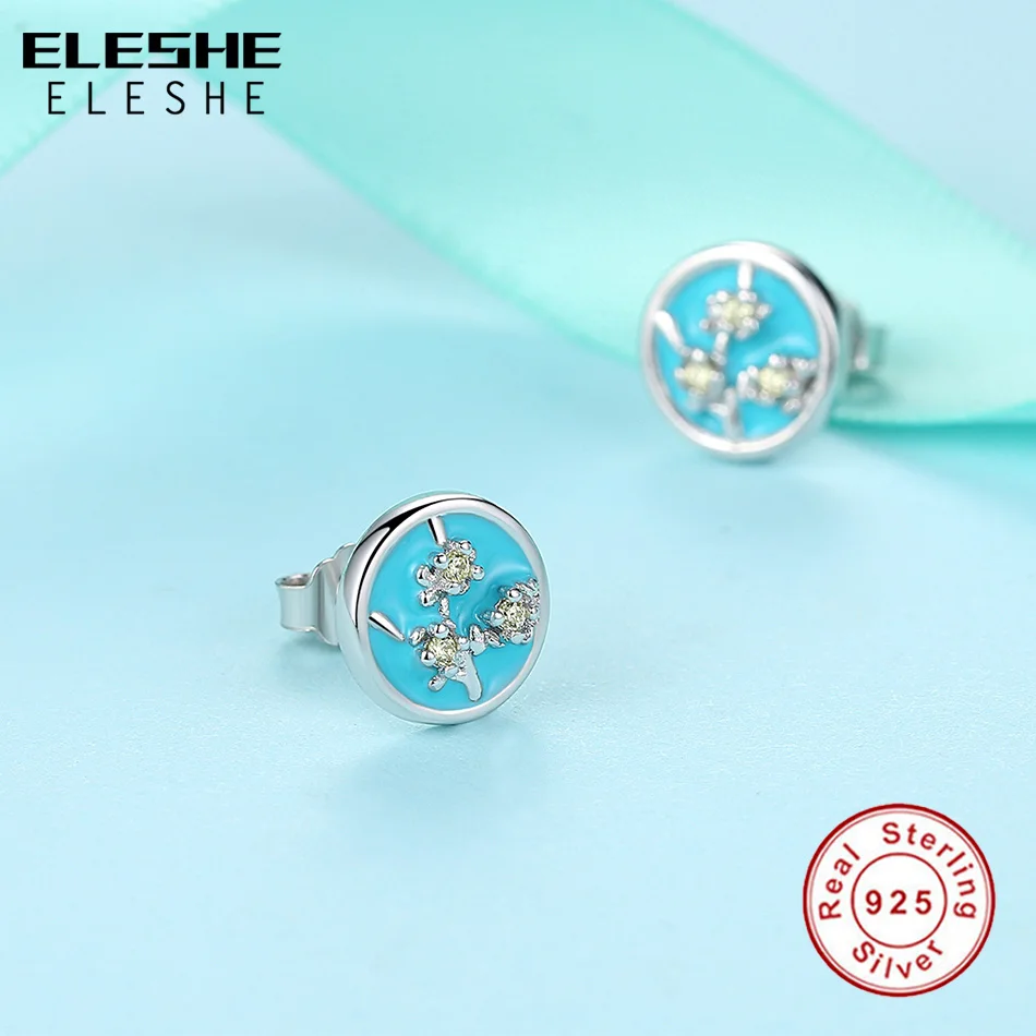 ELESHE Romantic Blue Enamel Apricot flower Stud Earrings for Women Authentic 925 Sterling Silver Earrings Fashion Jewelry Bijoux