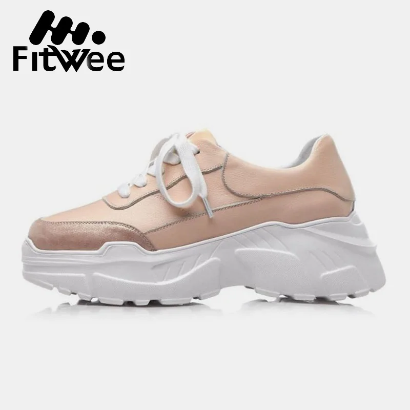 

FitWee Chunky Sneaker Women'S Genuine Leather Sports Shoes Women Casual Lace Up Running Footwear Female Outdoor Shoes Size 34-39