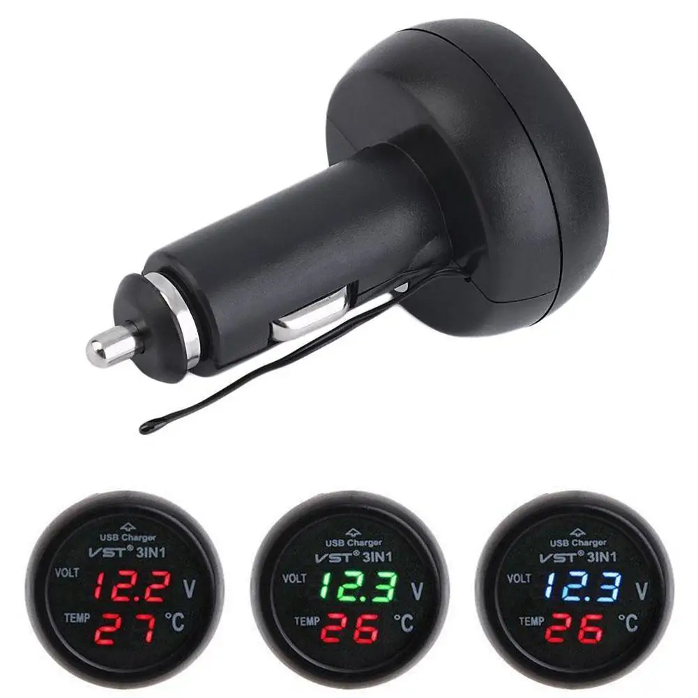 3 in 1 Digital LED Car Voltmeter Thermometer Auto Car USB Charger 12V