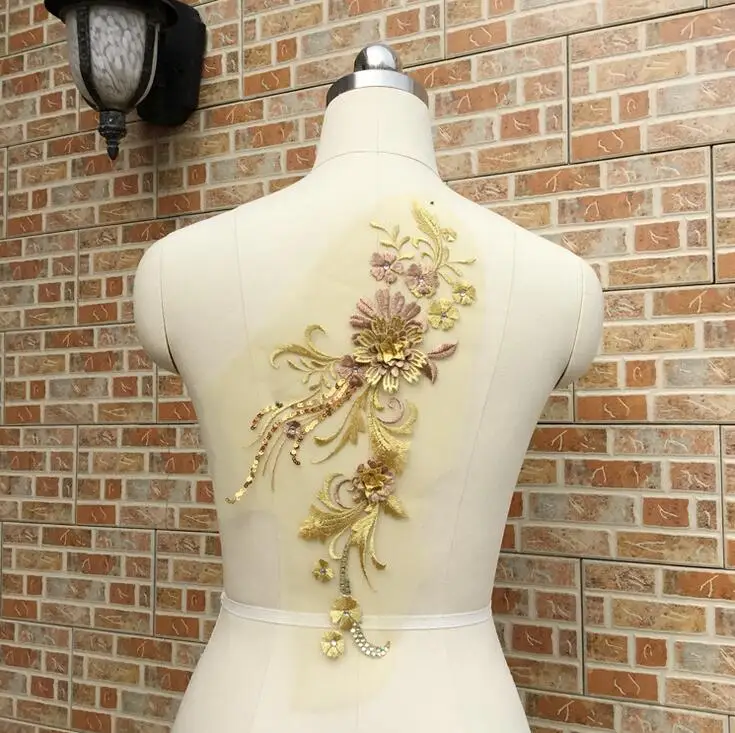 Buy 1PC Gold Beaded Rhinestones Lace Applique 3D