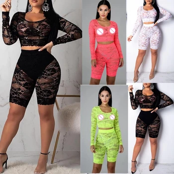 

2 pcs/set Fashion Woman Trendy See-through Perspective Sheer Full Lace Long Sleeve O neck T-shirts High Waist Shorts Set