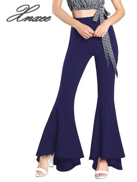Зима женские брюки с высокой талией брюки-клеш расклешенные брюки Широкие брюки большие плюс размер 3XL черные белые женские - Цвет: Темно-синий