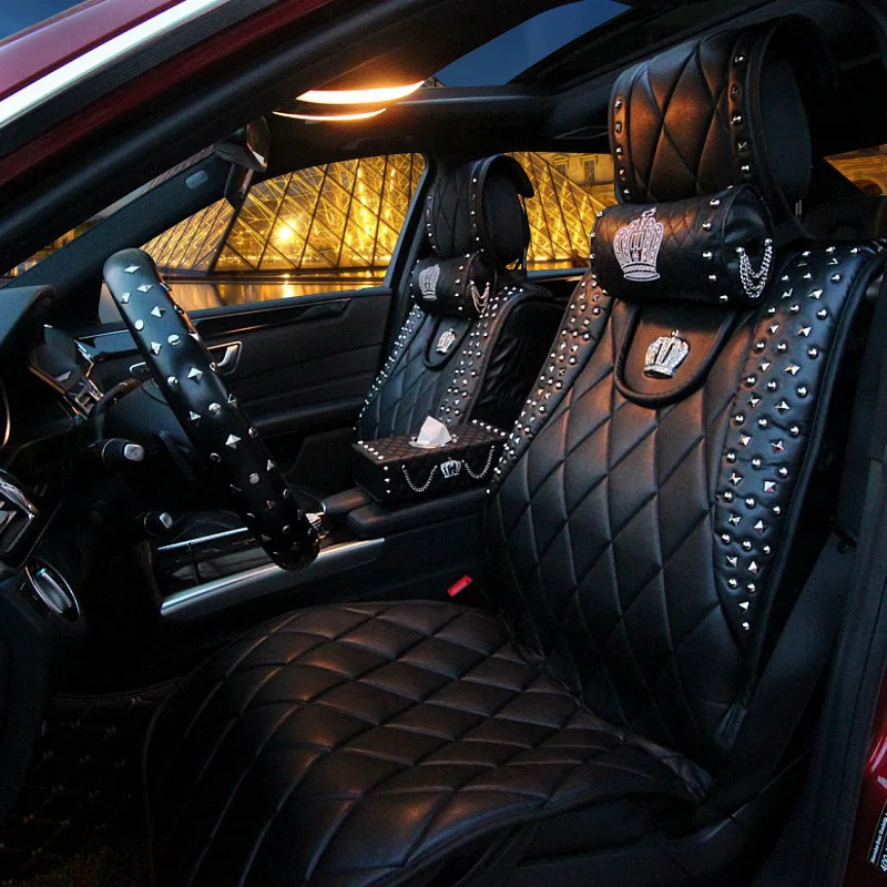 

Personalized Leather Car Seat Covers Punk Rivet Crown Universal Automobile Seat Cushion Front and Rear Mats Four Seasons General