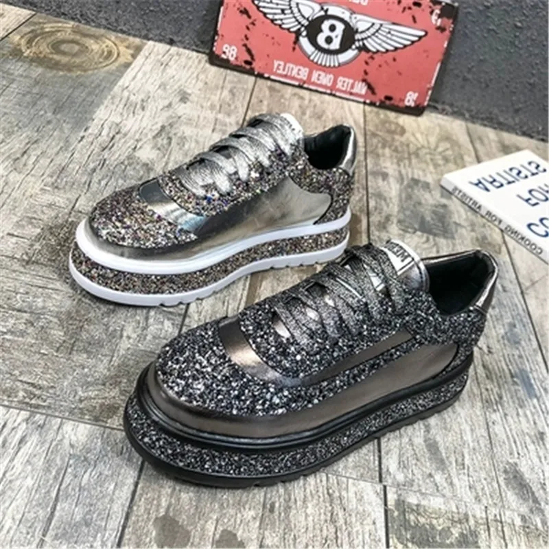 

Ultralight Thick bottom sneakers Woman 2019 New Spring autumn fashion leather Sequin Europe America Lace-up casual shoes women