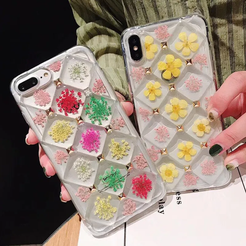 

Luxury Lattice Transparent 3D Rivets Cute Real Dried Flowers Soft Silicone Phone Case for iPhone X XR XS MAX 7 8 6 6S Plus Cover