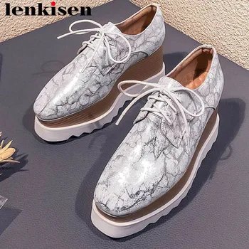 

2019 cow leather wedges high bottom platform lace up vintage square toe European style plus size punk style runway pumps L8f6