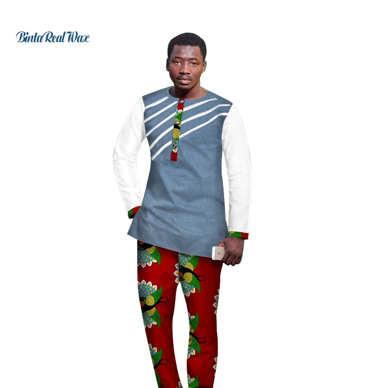 Новые традиционные африканские Стиль Костюмы Для мужчин одежда хлопок топ и брюки наборы Африканский воск печати 2 шт. брюки наборы для для