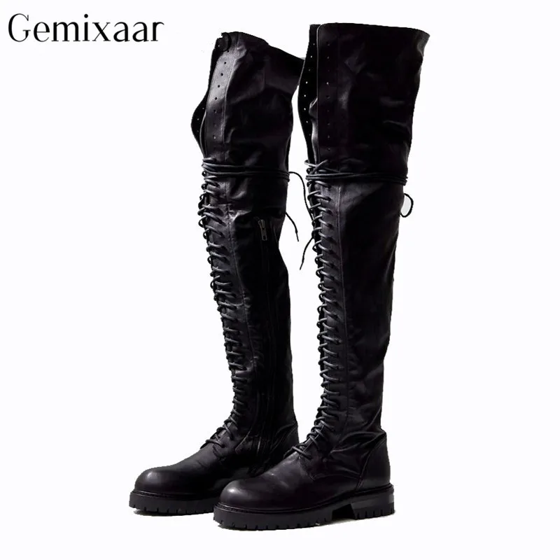 

Over Knee Cross-tied Motorcycle Boots Round Toe Square Low Heels Botines Mujer Luxury Black Cow Leather Punk Style Botas Women