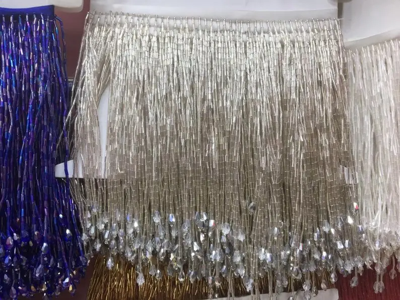 

5 yards silver Beaded fringe tassel lace crystal beads strings latin dress dance wear macrame trimming spike Clothing edge
