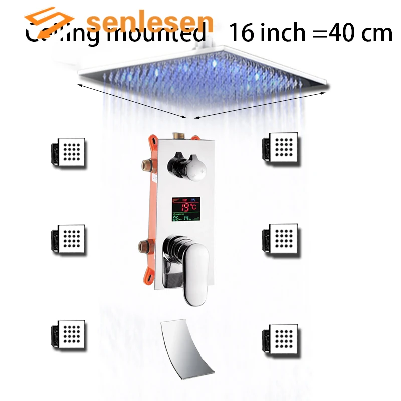 

Digital Mixer Tap Bathroom Shower 3 Function Digital Shower Faucets Set LED Rainfall Shower Head Waterfall Spout 3 way