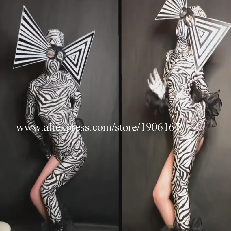 Sexy zebra costumes big hats green red black jumpsuits night club party cosplay costume performance stage tv show dance wear0