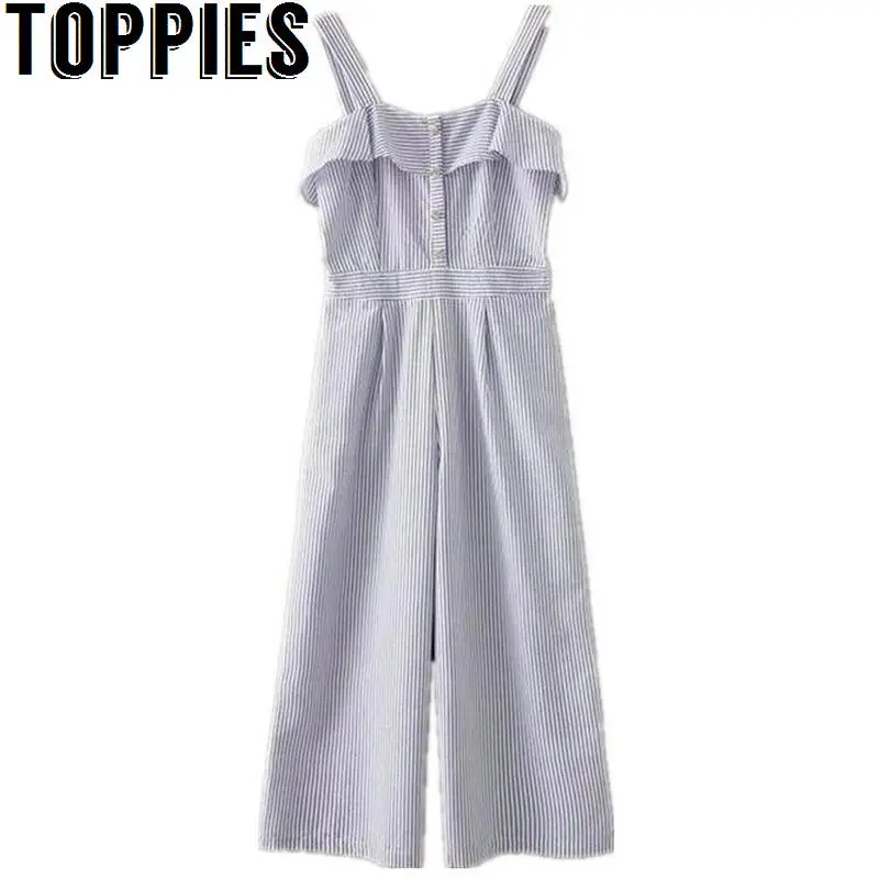 

Toppies Women 2019 Summer Sleeveless Striped Jumpsuits Loose Wide Leg Romper Ruffles Jumpsuit for Women