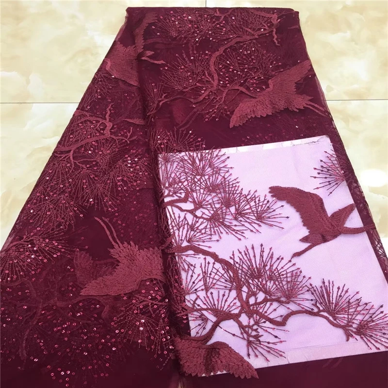Madison wine tulle lace fabric 2019 nigerian french net with sequins mesh embroidery high quality 5yard/lot | Дом и сад