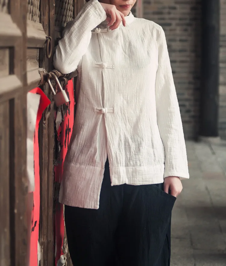 

Vintage Stand Collar Frog Buttons Irregular Length Women Cotton Linen Blouse, High Quality Double Layer Thick Dense Retro Shirts