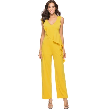 

Fashion Women Ruffles Jumpsuits Straight Pants Solid V-neck OL Rompers Casual Slim Sleeveless Overalls Elegant Wide Leg Playsuit