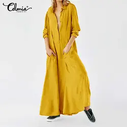 Женское повседневное однотонное Макси длинное платье cellia 2019 Модная рубашка с отворотами и длинными рукавами на пуговицах с карманами