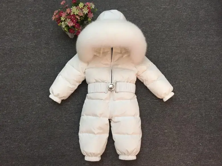 Newborn Winter Romper Baby Snowsuit Infant Overcoat Kids Snow Wear Jumpsuit Duck Down Coatton Liner Child New Year Costumes - Color: white fur white