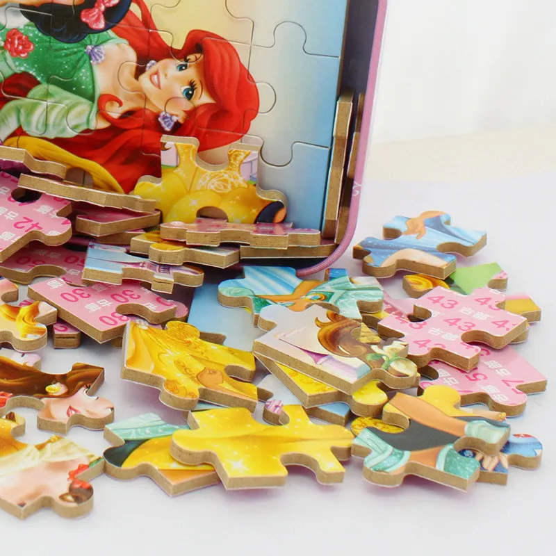 Disney Iron Box Puzzle Wooden Toys Early Learning 60 Pieces Mickey Ice Snow Princess Sophia Racing Puzzle