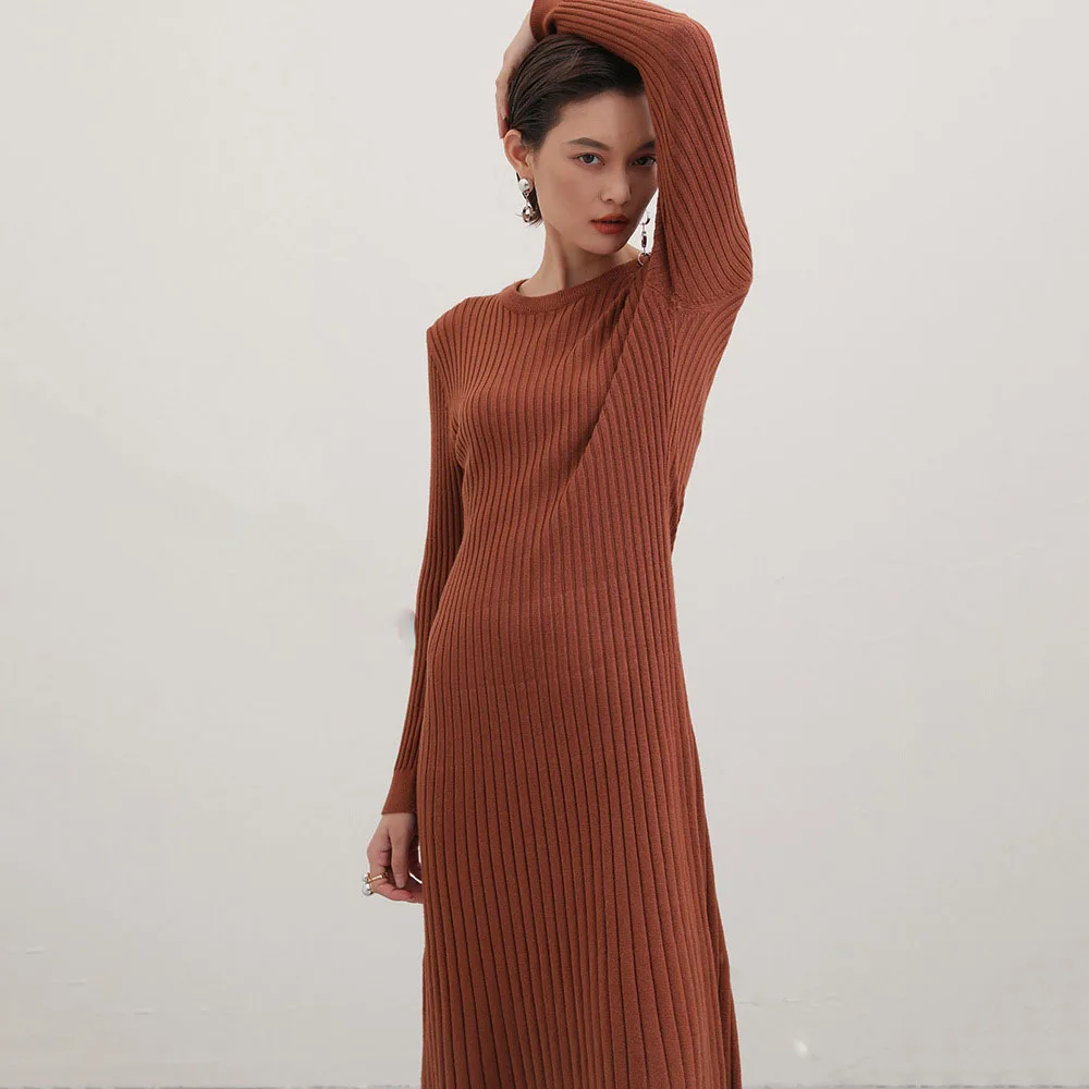 

[Lakysilk]Fashion Winter Thick Sweater Dress For Women Casual Solid Pleated O-Neck Autumn Dresses Ladies Cotton Warm Clothing