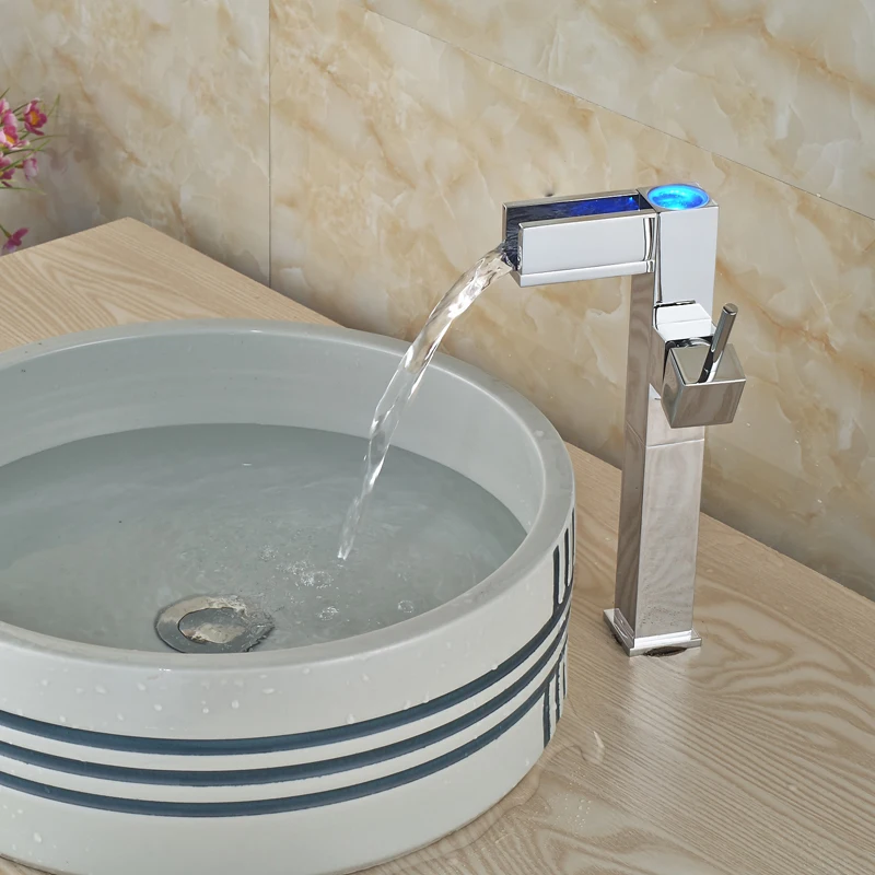 

Countertop Deck Mounted Basin Sink Mixers Single Lever Waterfall LED Light Bathroom Faucet Chrome Finished