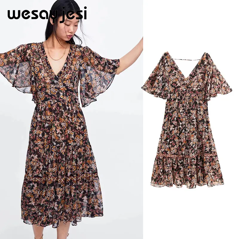 2019 الصيف الربيع اللباس النساء vestidos الإنجليزية نمط ألف خط زهرة طباعة قصيرة كم ميدي اللباس vestidos دي فييستا حزب اللباس