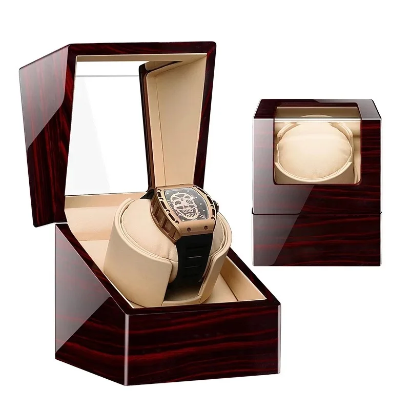 

Wooden Auto Silent Watch Winder Irregular Shape Transparent Cover Wristwatch Box with EU Plug