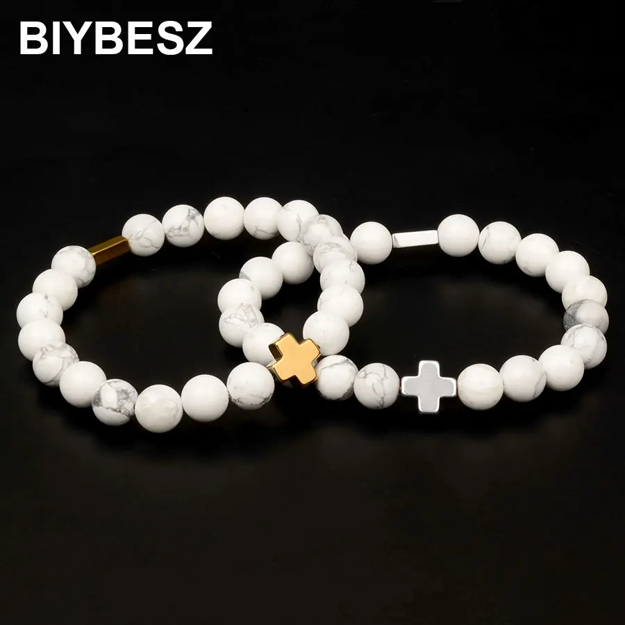 

Fashion 8mm White Natural Stone Bracelets Charms Cross Hematite Bracelet Men Handmade Gifts for Women Jewelry Wholesale