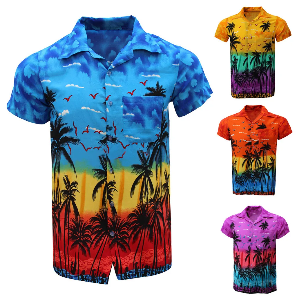 Летняя мужская рубашка, повседневная, на пуговицах, гавайская, с принтом, Пляжная, короткий рукав, быстросохнущая рубашка, топ, camisa masculina, гавайская рубашка