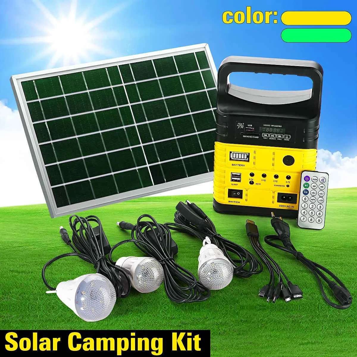

Smuxi Portable Solar Generator Outdoor Power Mini DC6W Solar Panel 6V-9Ah Lead-acid Battery Charging LED Lighting 3 Bulbs