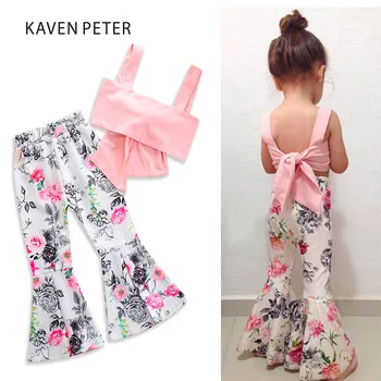 

Girls summer set Girls strap bra tops trumpet pants 2 pcs children pink short Sling and print pants 2018 kids girls clothes set