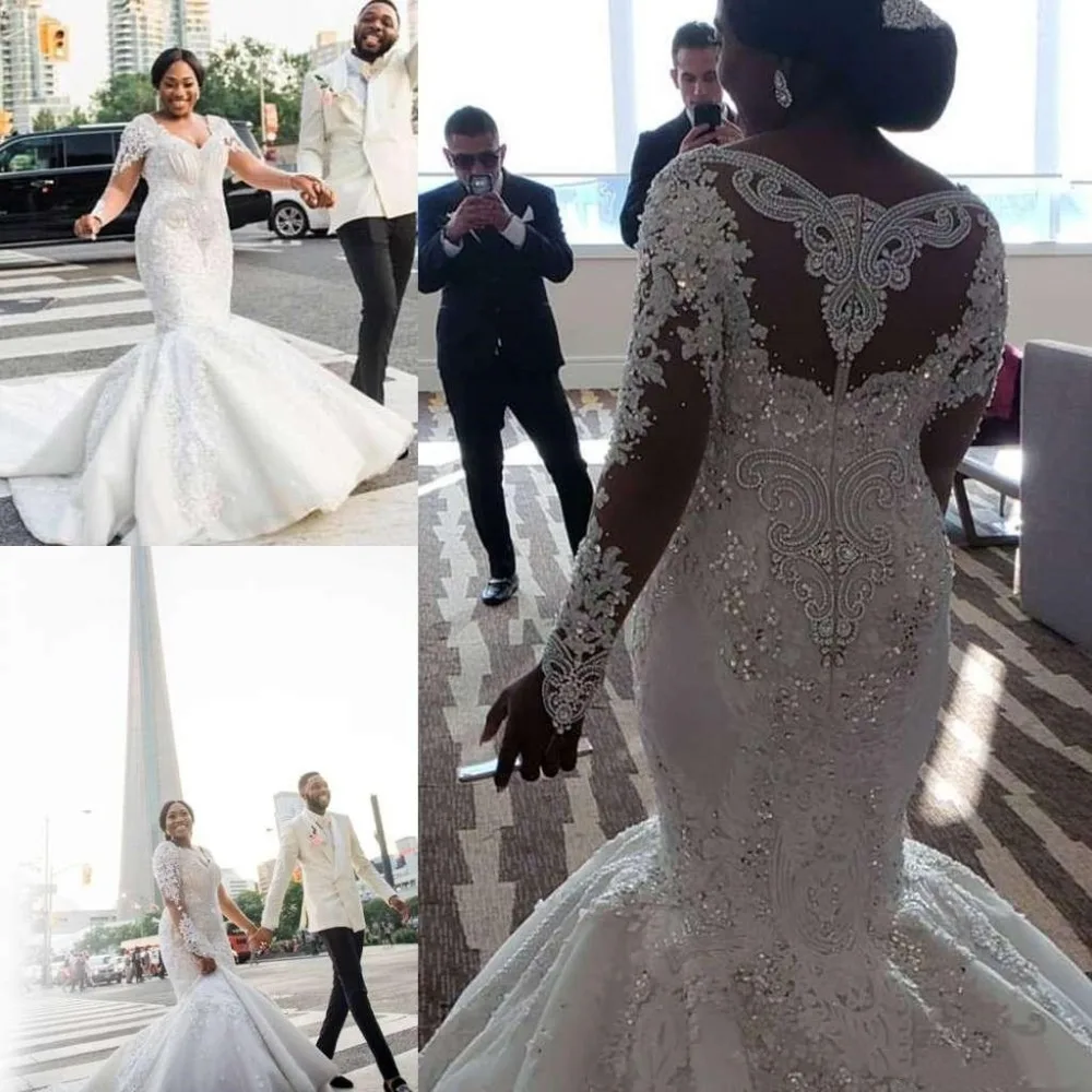 Великолепное свадебное платье в африканском стиле больших размеров, кружевное платье с декором из бисера из хрусталя с v-образным вырезом, свадебное платье русалки, свадебные платья с длинными рукавами