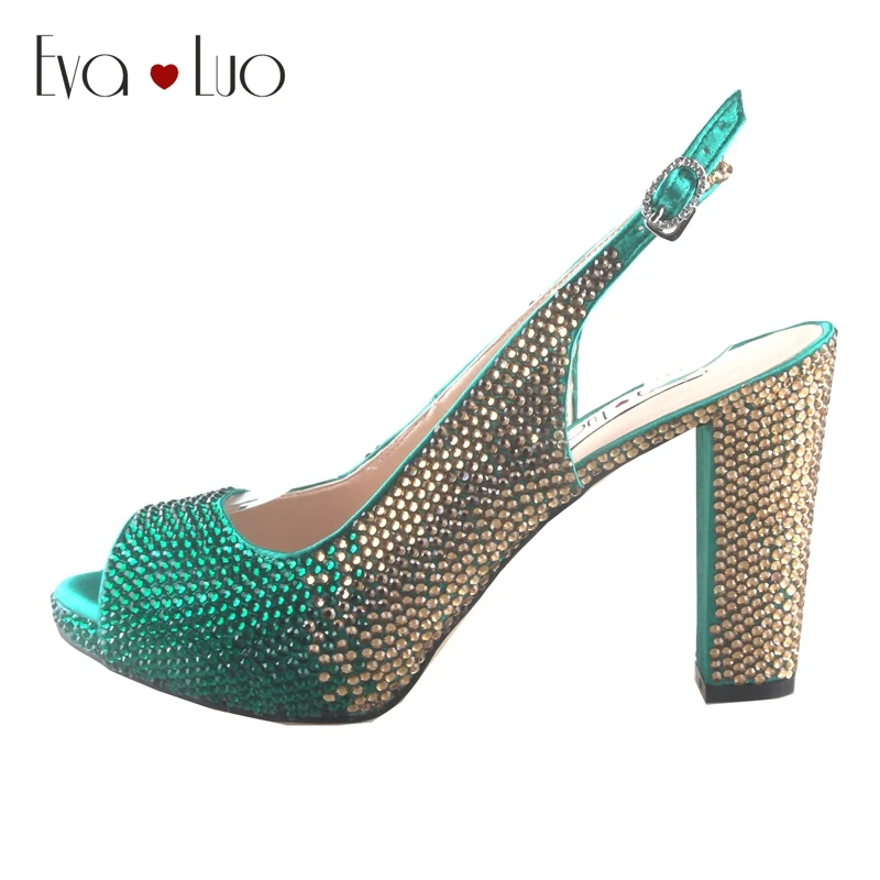 CHS800 DHL Custom Made Block Heel Green Gold Crystal