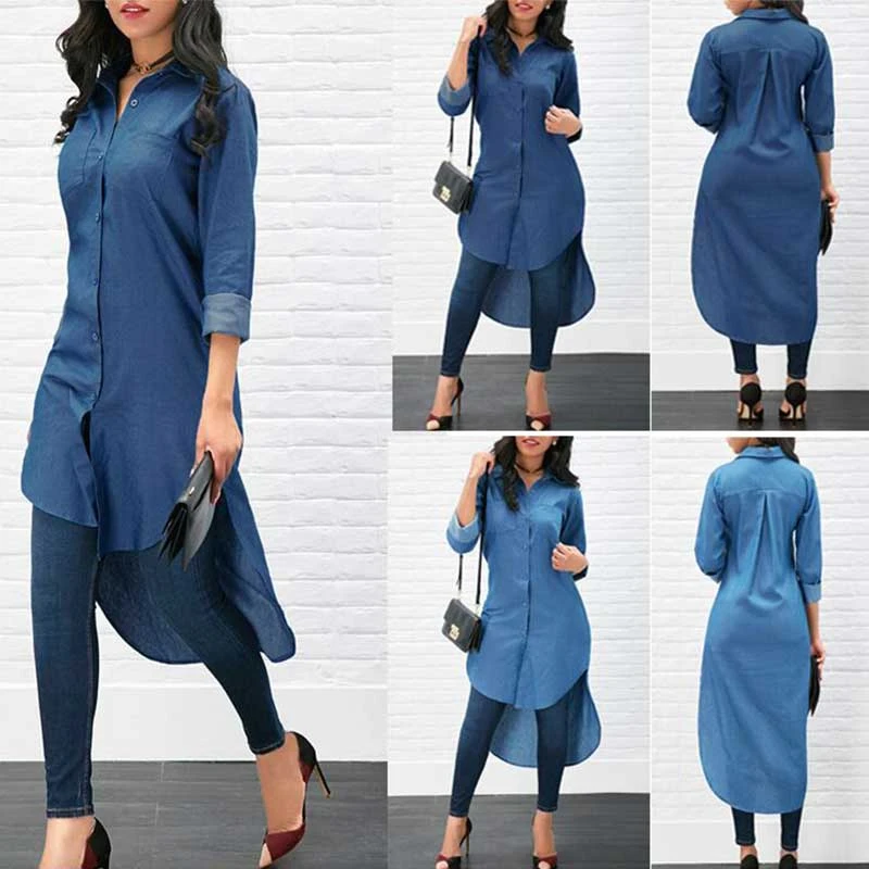 Camisas largas azules a la moda para Mujer blusa informal de oficina elegante para Mujer|Blusas y camisas| AliExpress