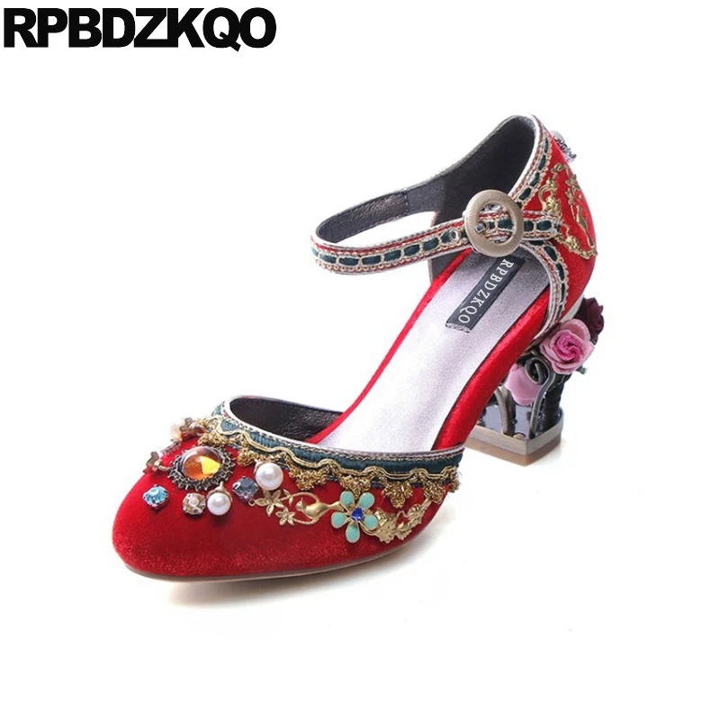 

big size red velvet chunky ankle strap pumps flower rose round toe high heels party shoes for women handmade 11 43 10 42 pearl