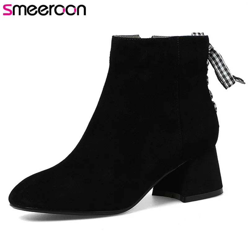 

Smeeroon 2018 new arrival fashion kid suede leather boots autumn women boots square toe high quality med heels ankle boots