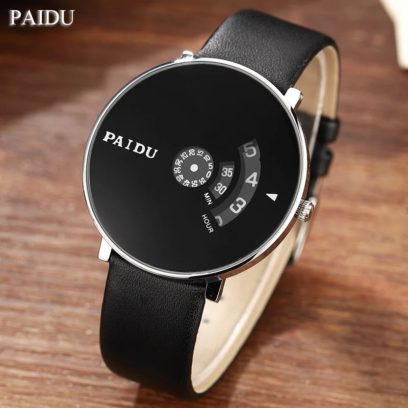 Paidu черный Пояса из натуральной кожи ремешок наручные часы Женское платье Часы Уникальный поворотный номер набора Мужские модные унисекс