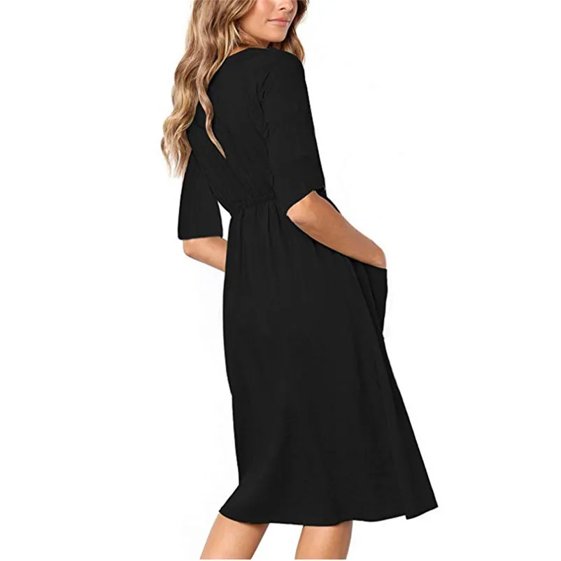 Fashion Autumn summer dress 2018 casual dress Women Holiday V Neck Solid Half Sleeve Buttons Club Party Dress vestido Y26#N (11)