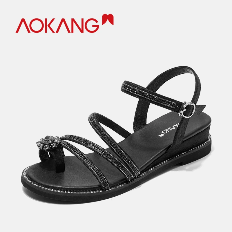 

AOKANG Solid Women Buckle Casual Sandals Cross Tie Flat Ankle Summer Beach flip flops Floral Shoe Rome Ladies Gladiator Sandalia