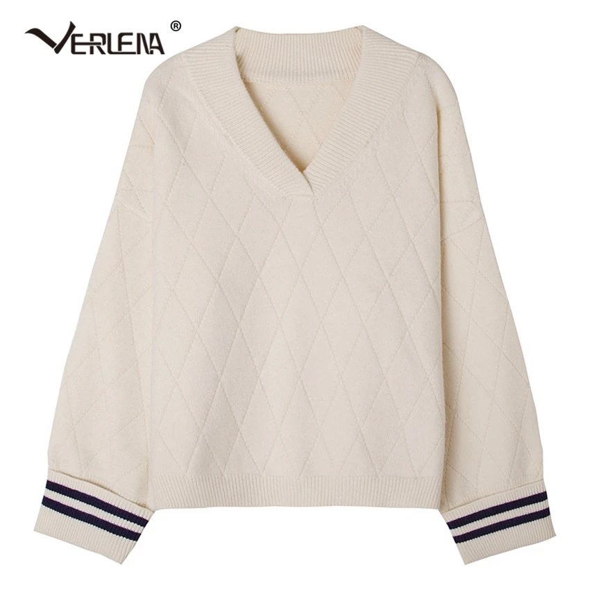 England School Student Style Jumper Black White Sweater Women 2019 Autumn Long Wide Sleeve Turn Back Cuff Stripe Argyle Pullover | Женская