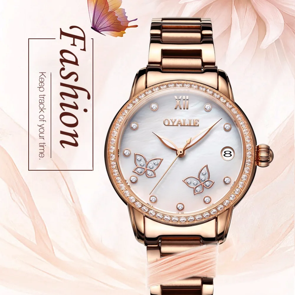 

Rose Gold Steel Mechanical Watch Dress Rhinestone Women Watches OYALIE montre relogio feminino Lladies Watches Top brand Luxury