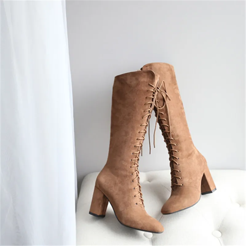 

Cross Tied Boots Zip Open Girls shoes Women Booties Square High Heels Pointed Toe Boots Over The Knee Shoes Chelsea Style Design