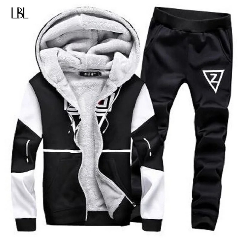 Winter Tracksuit Sets Men Inner Velvet Warm Hoodies Male Two Pieces Patchwork Hooded Sweatshirt+Pants Man Autumn chandal hombre