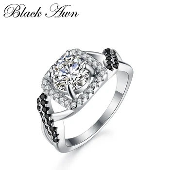 

[BLACK AWN] Rings for Women 100% Genuine 925 Sterling Silver Jewelry Square Black&White Stone Engagement Ring C194