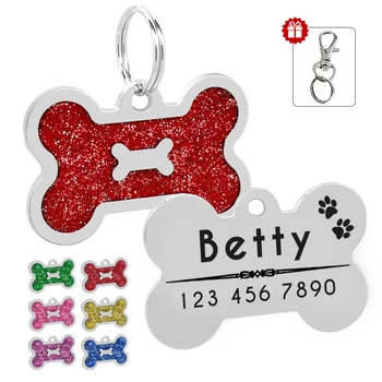 

Glitter Pet Dog ID Tags Bone Tag Customized Collar Accessories Custom Engraved Name Phone ID Tag Personalized For Dogs Cats
