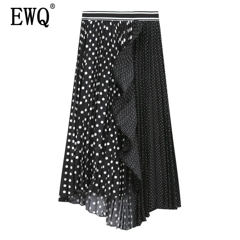 

[EWQ] 2020 Spring New Woman Elastic High Waist Irregular Ruffles A-line Dot Skrit Loose Hem Female Casual Skirt Fashion OE339