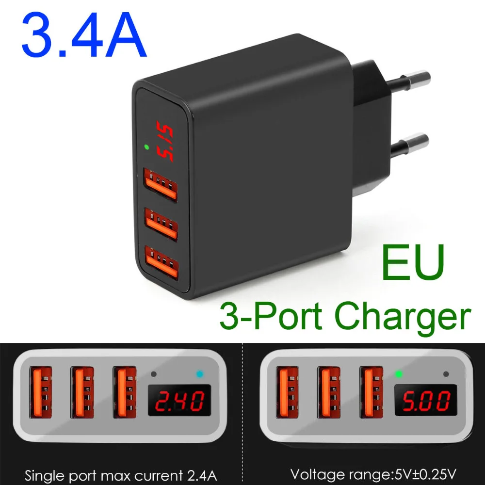 AC 110V 220V Smart 3.4A 3 порта USB зарядное устройство светодиодный дисплей быстрое для