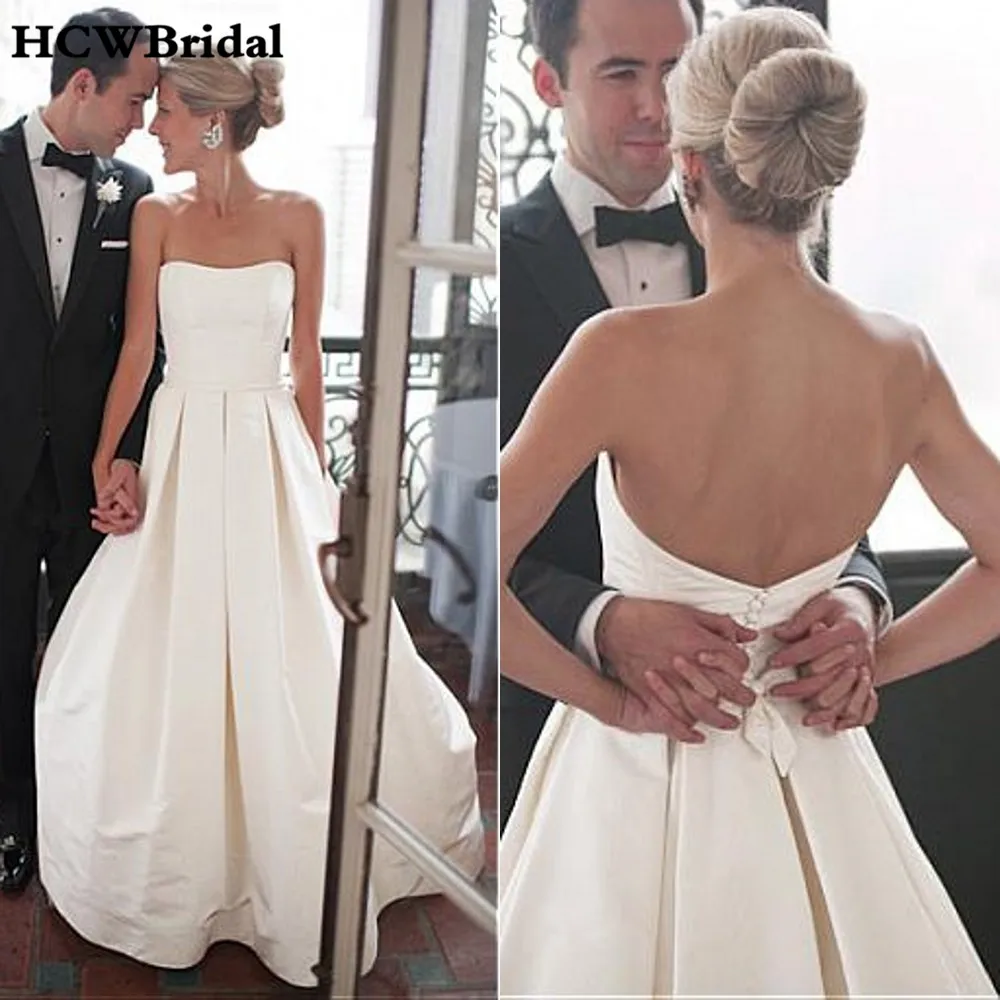 

Cheap White Satin Wedding Dress Strapless A Line Floor Length High Quality Bridal Dresses 2019 Custom Made Wedding Gowns